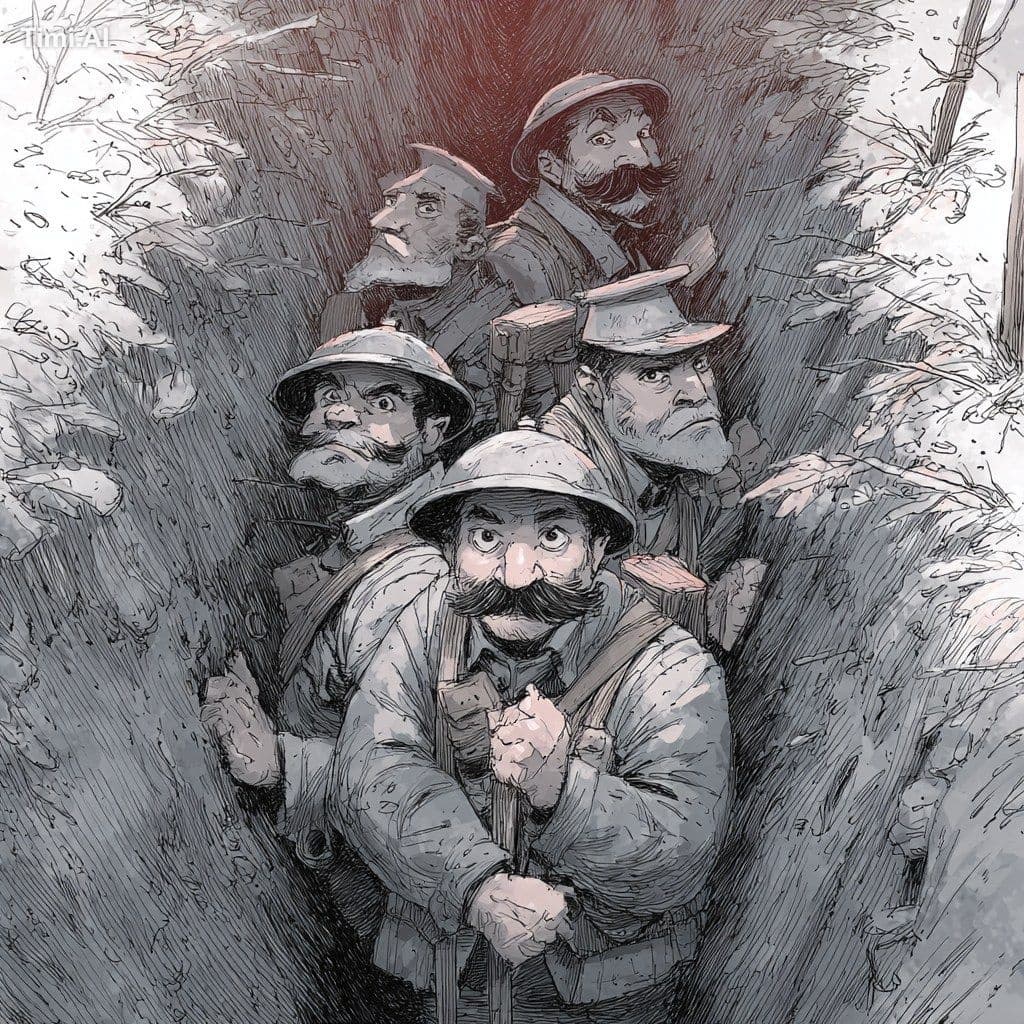 soldiers living in a trench drawn in the style of Dr Seuss, 