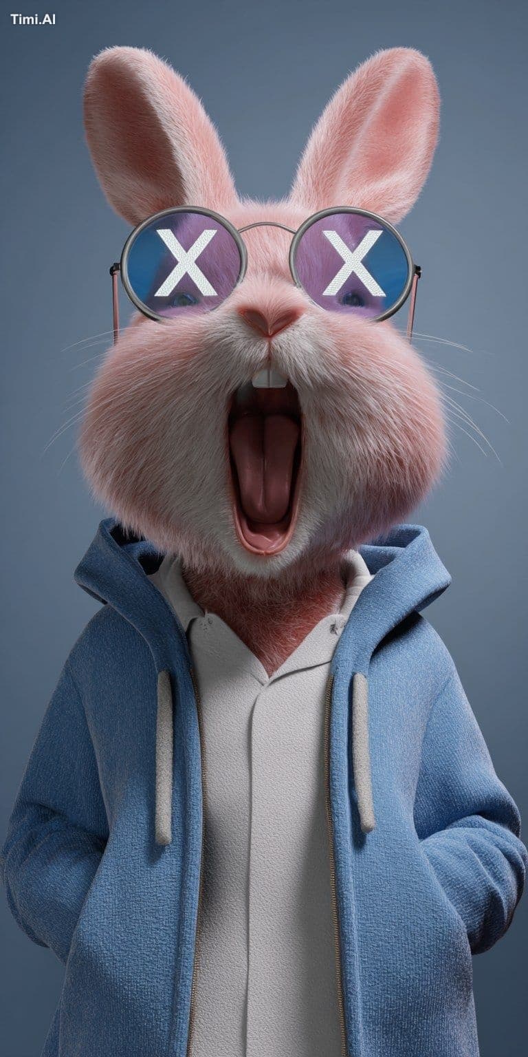 Pink bunny, furry, slightly open mouth, smile, wearing blue 