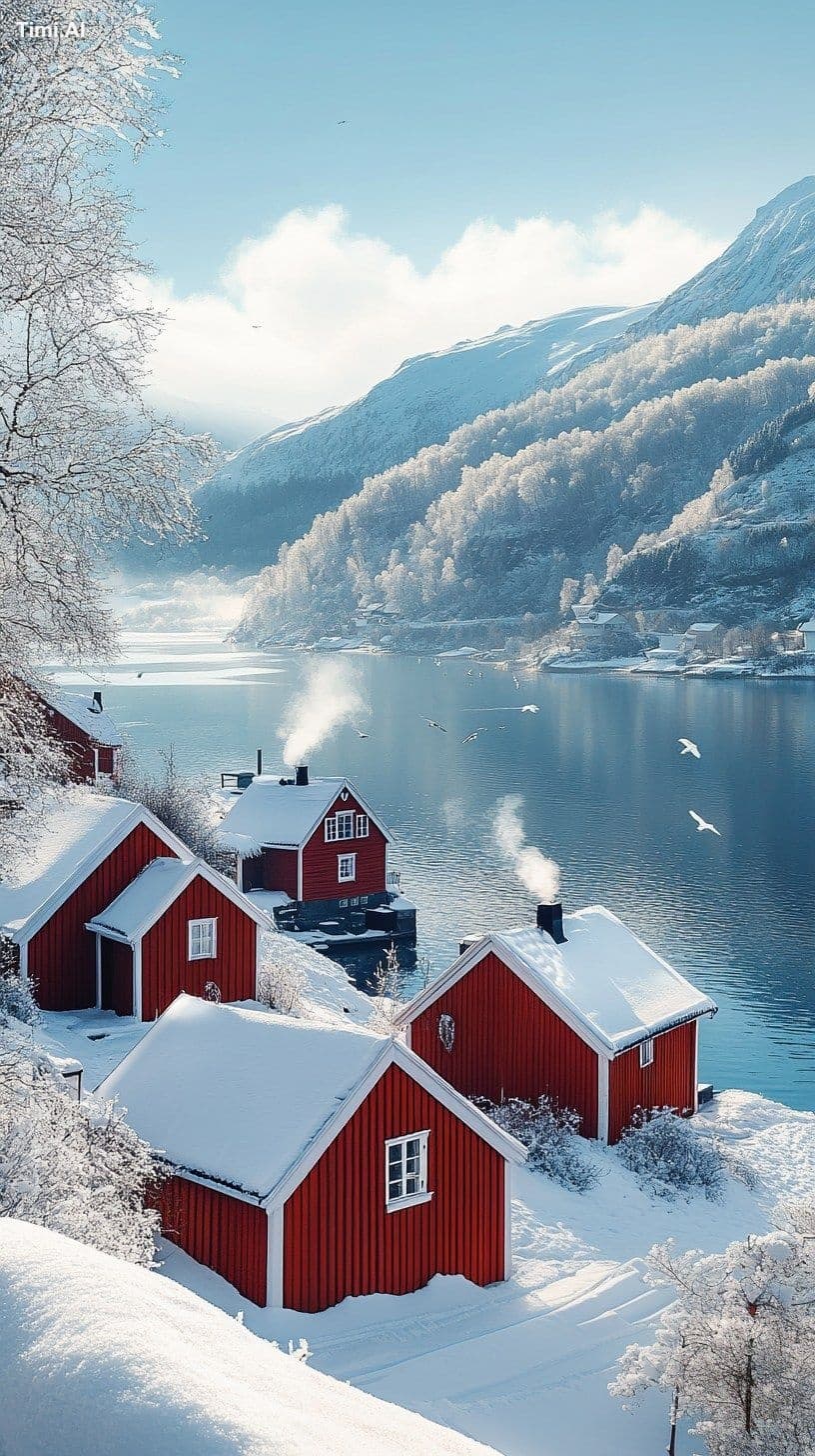 Daytime by the lake, a cluster of Nordic-style red wooden ho