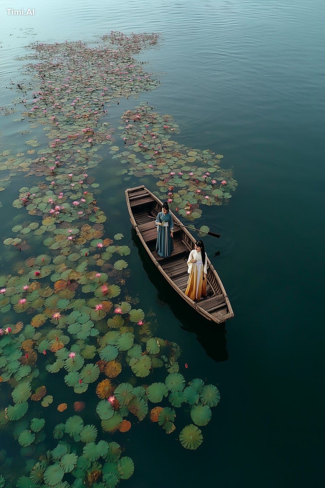 On the lake, a wooden boat sails leisurely. This is a Chines