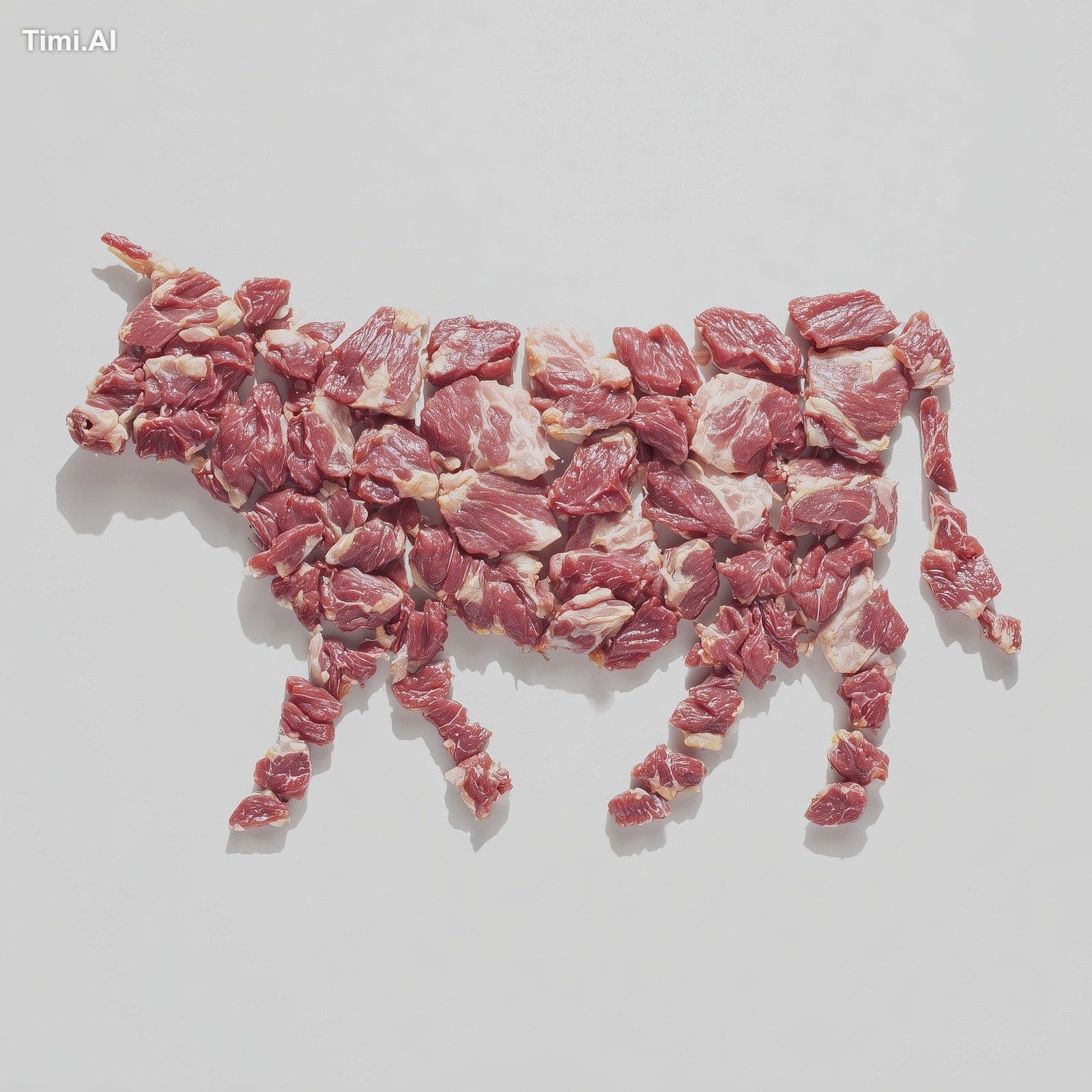 100 squared beef pieces formed a Cow shape, realistic, fine-