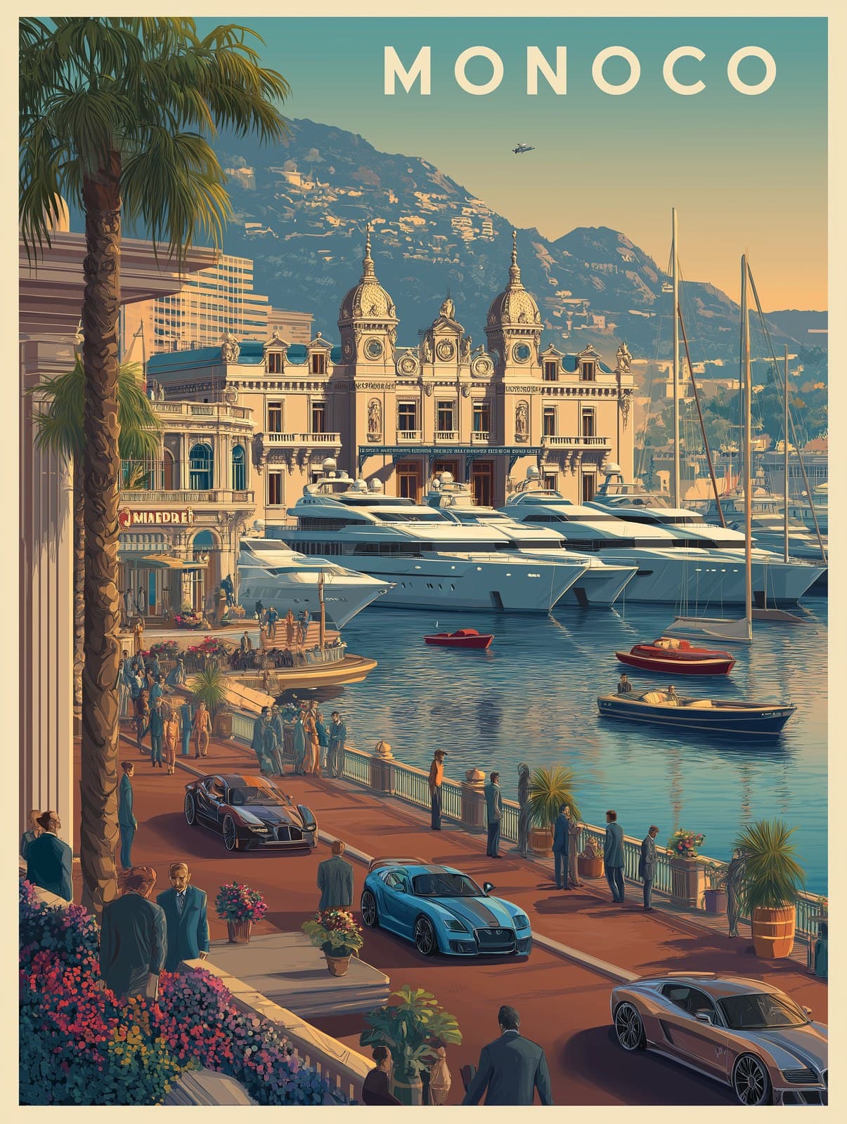 Elegant modern day Monaco travel poster showcasing Monte Car