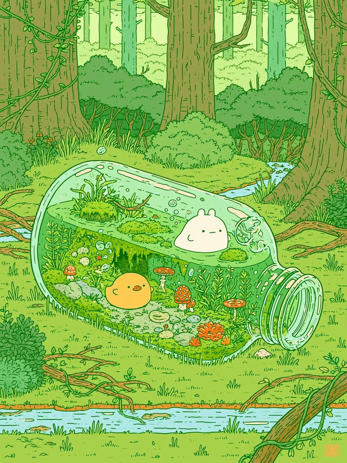 In a secluded forest corner, a large transparent glass bottl