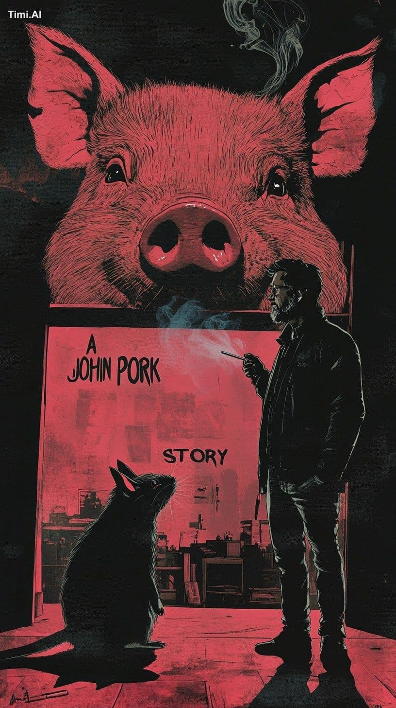 A SAD comic book cover of a huge humanoid pigs head floating