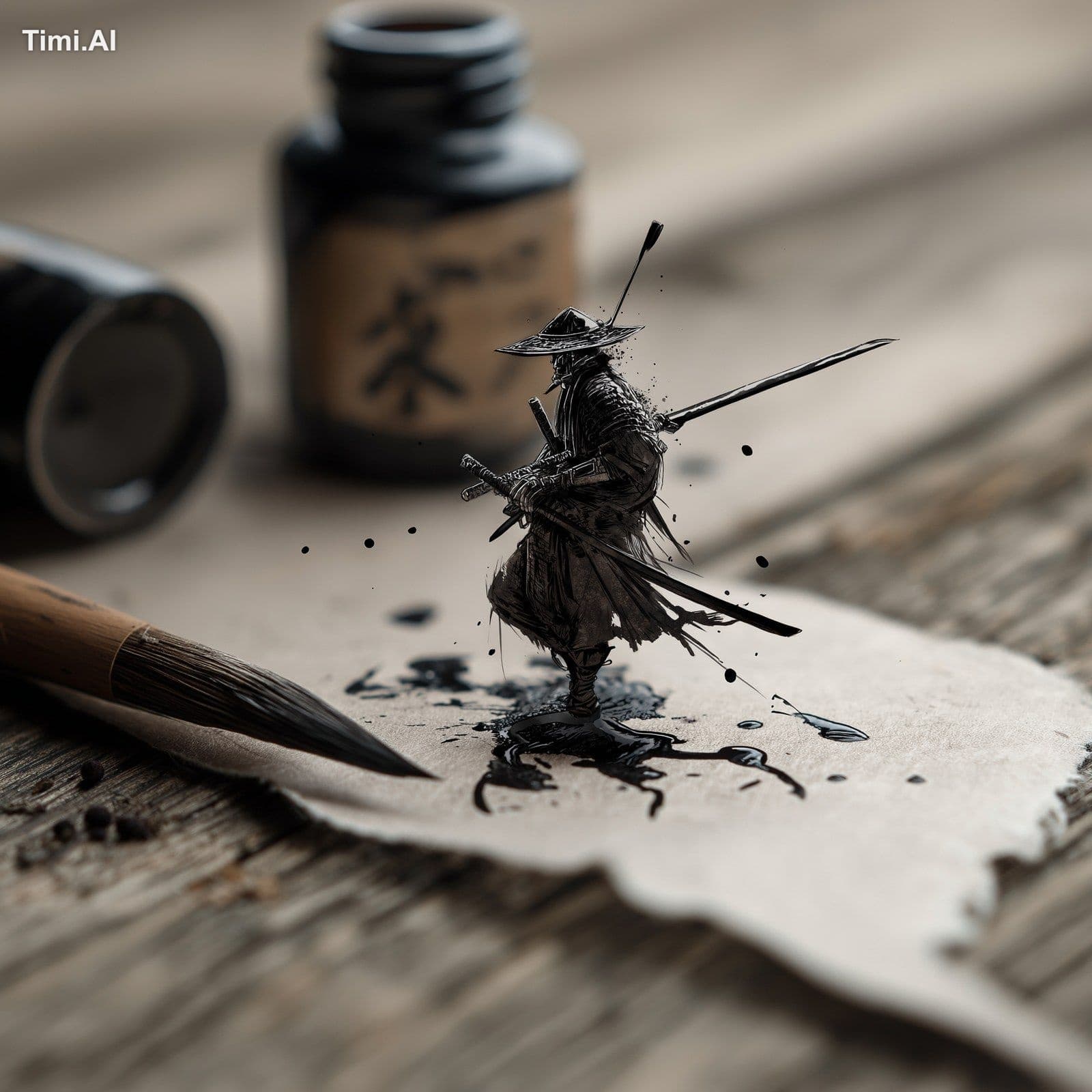 A minimalist ink drawing of samurai with samurai sword with 