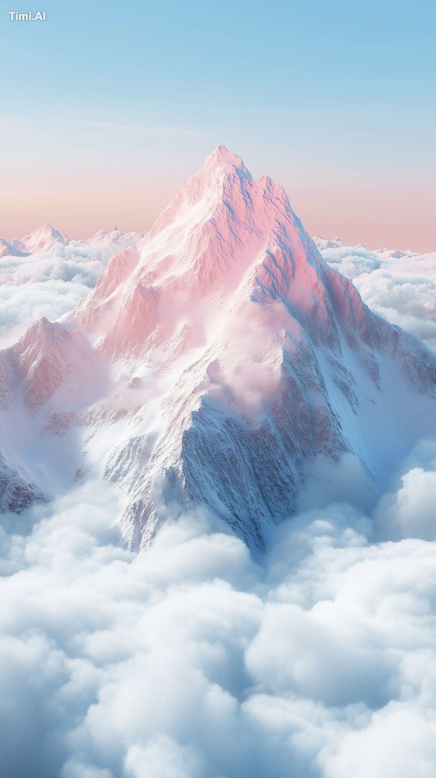 Snowy mountains in fluffy clouds.Pastel colors. Realistic --