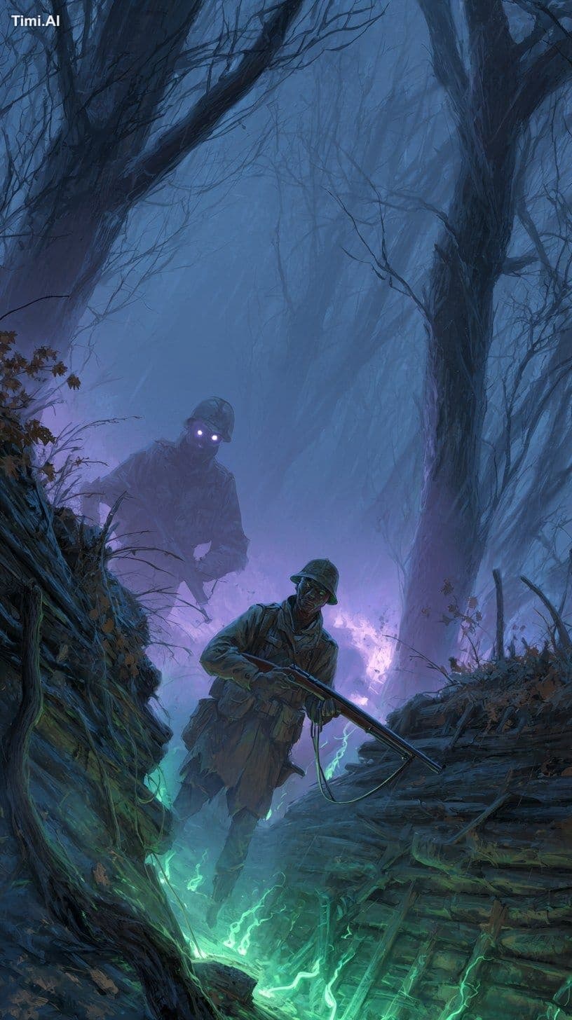 A foggy, eerie battlefield at dusk, with dark, twisted trees