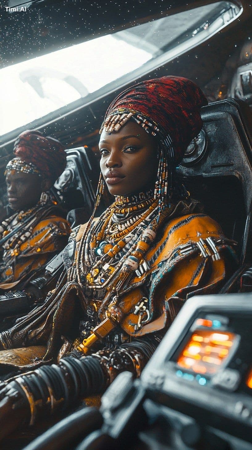 A close up shot of three Nigerian warriors seated inside a f
