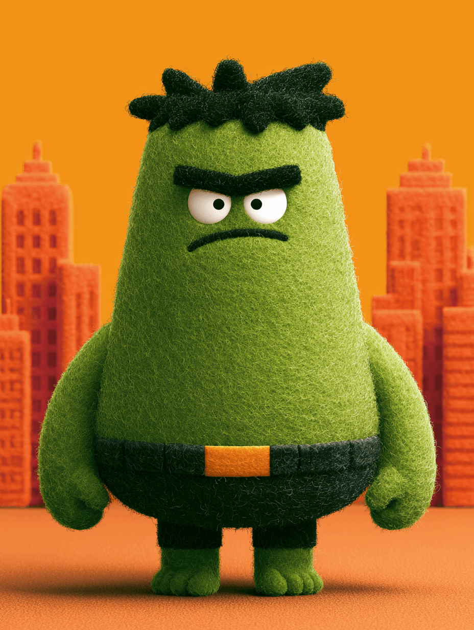 A stylized, rounded caricature of hulk stands centered again