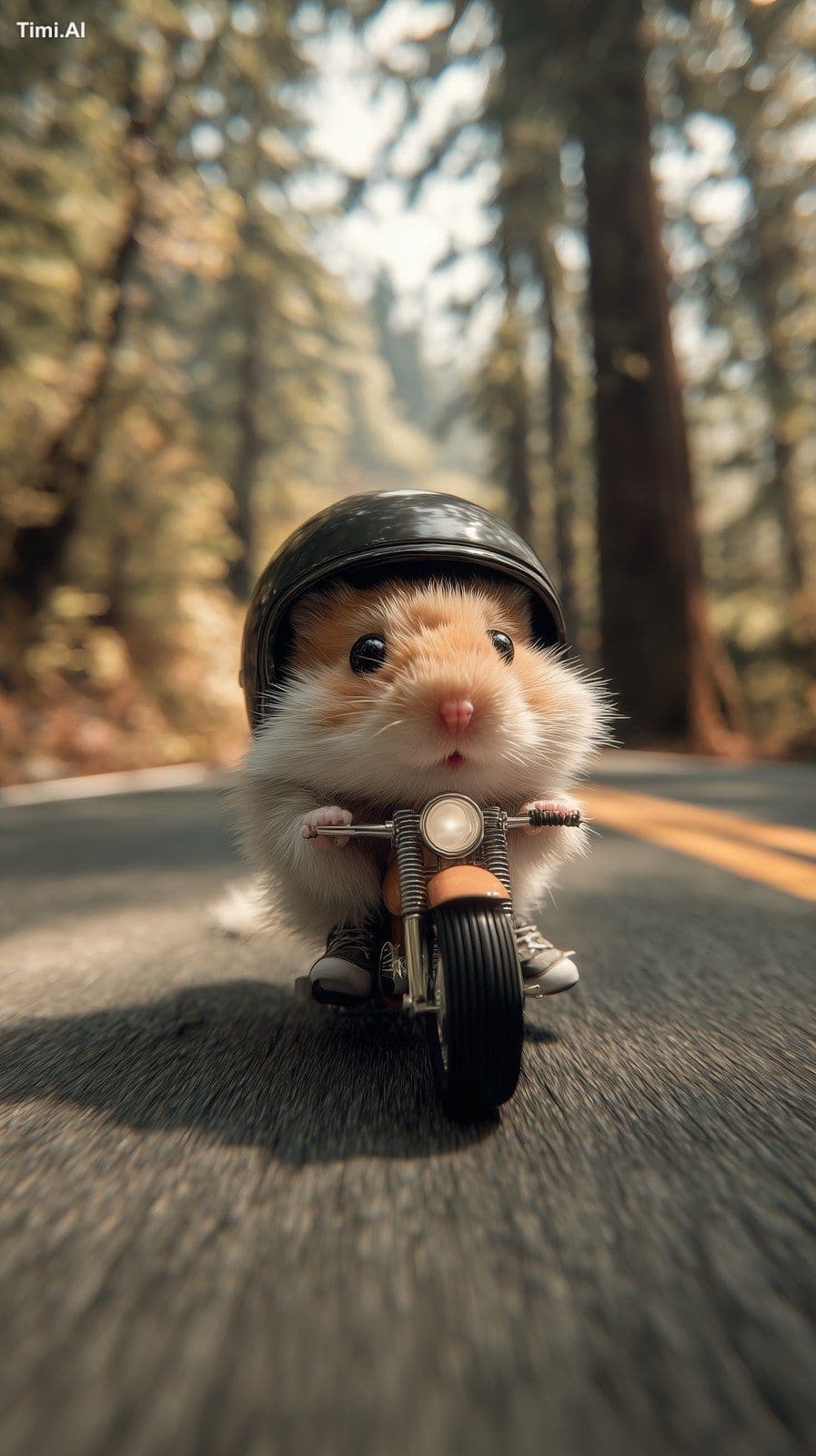 a cute hamster riding a tiny motorcycle on a forest road, we