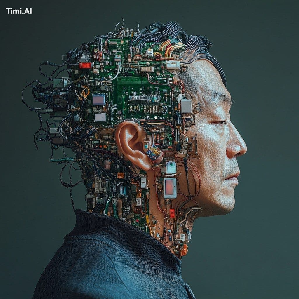 An Asian man without hair, profile, (data cable, phone, comp