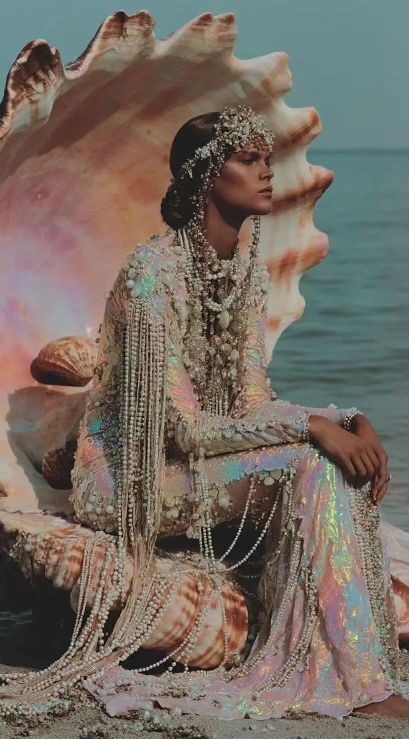 photograph, full-body shot of a model wearing an iridescent 