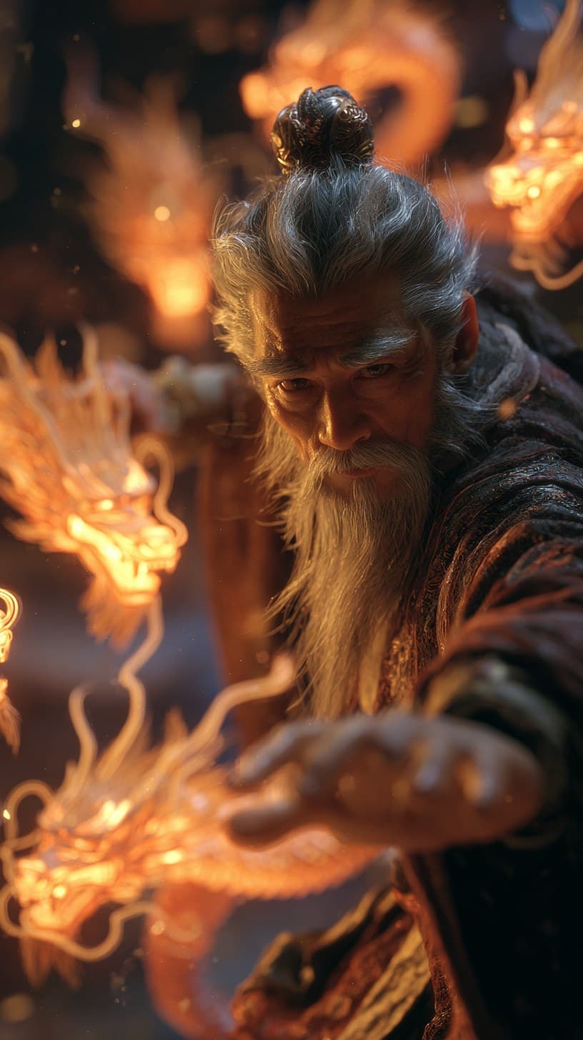 epic close-up shot of Taiyi Zhenren, a majestic taoist patri