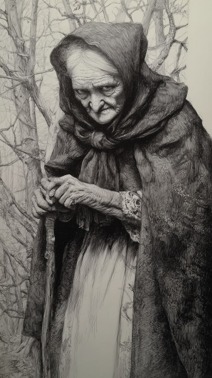 pencil drawing of a evil wise woman in early 19 century livi