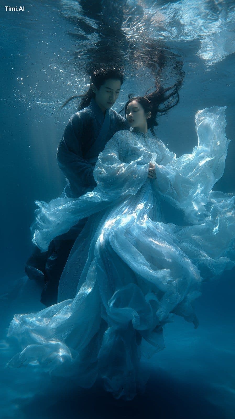 A man and woman in blue Hanfu stand underwater, with long bl