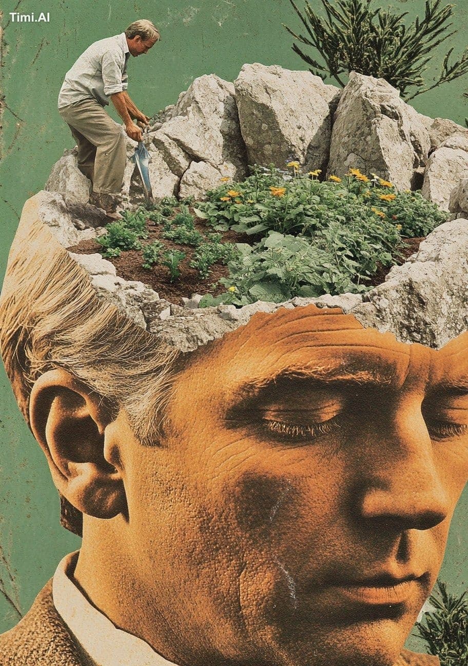 ollage by jesse treece, a small man is making a garden on to