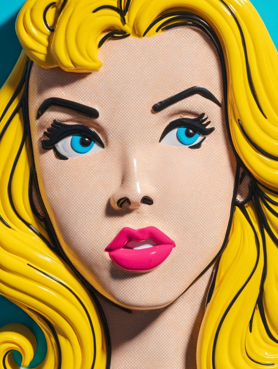 Full-frame 3D pop-art sculpture of a woman in a modern Roy L
