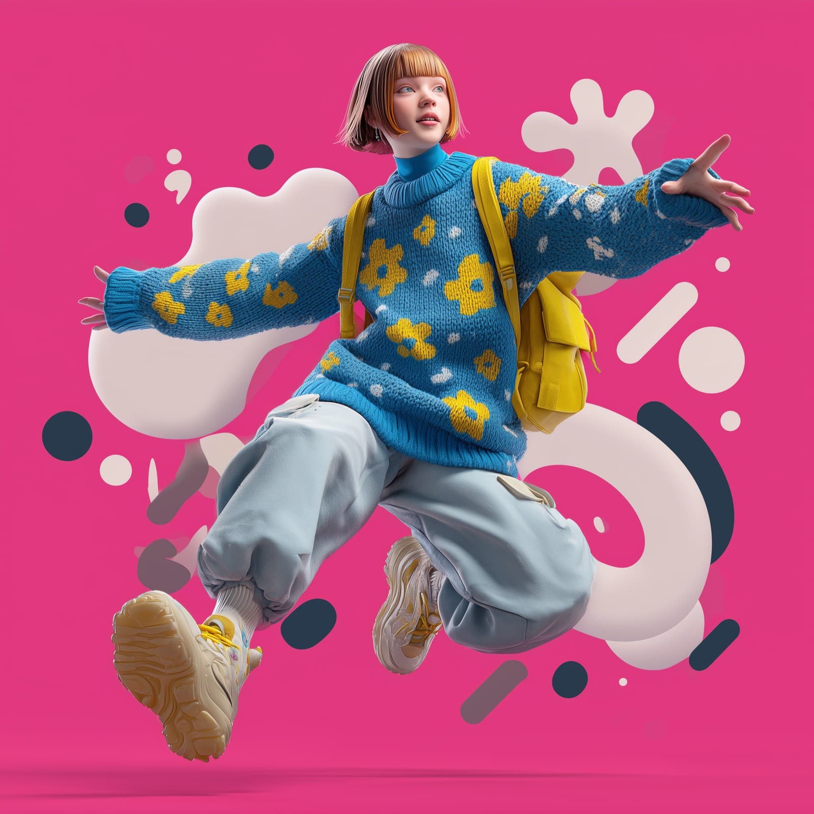 stylized glossy 3D teenage smiling, happy girl with fair ski