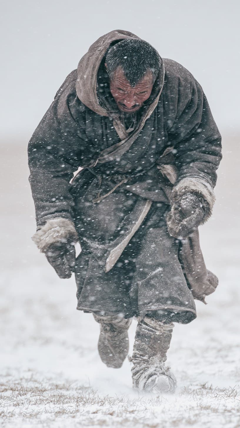 Photography A China tribal man bent forward while pacing har