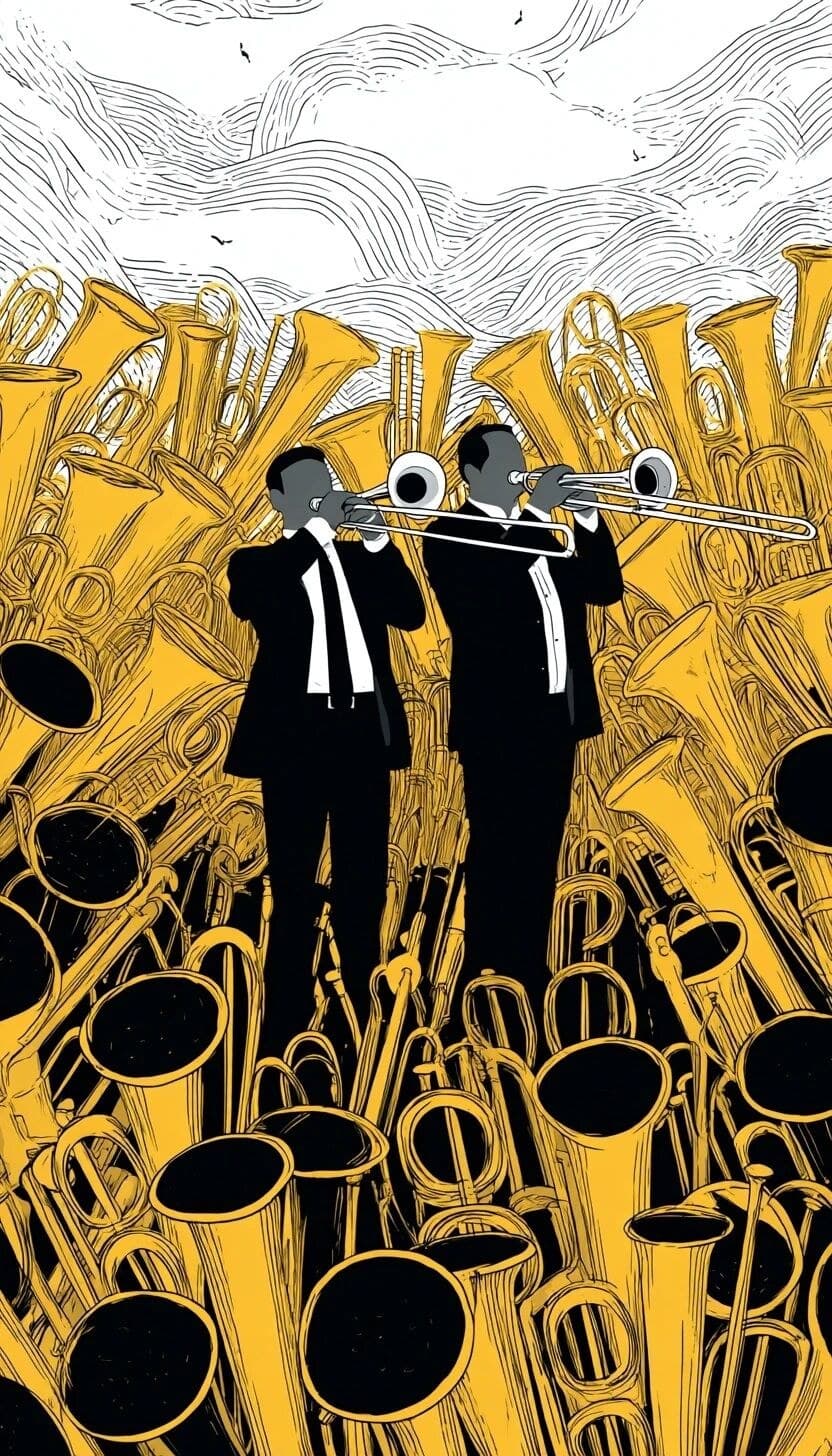 simple silk screen illustration style of two men playing tro