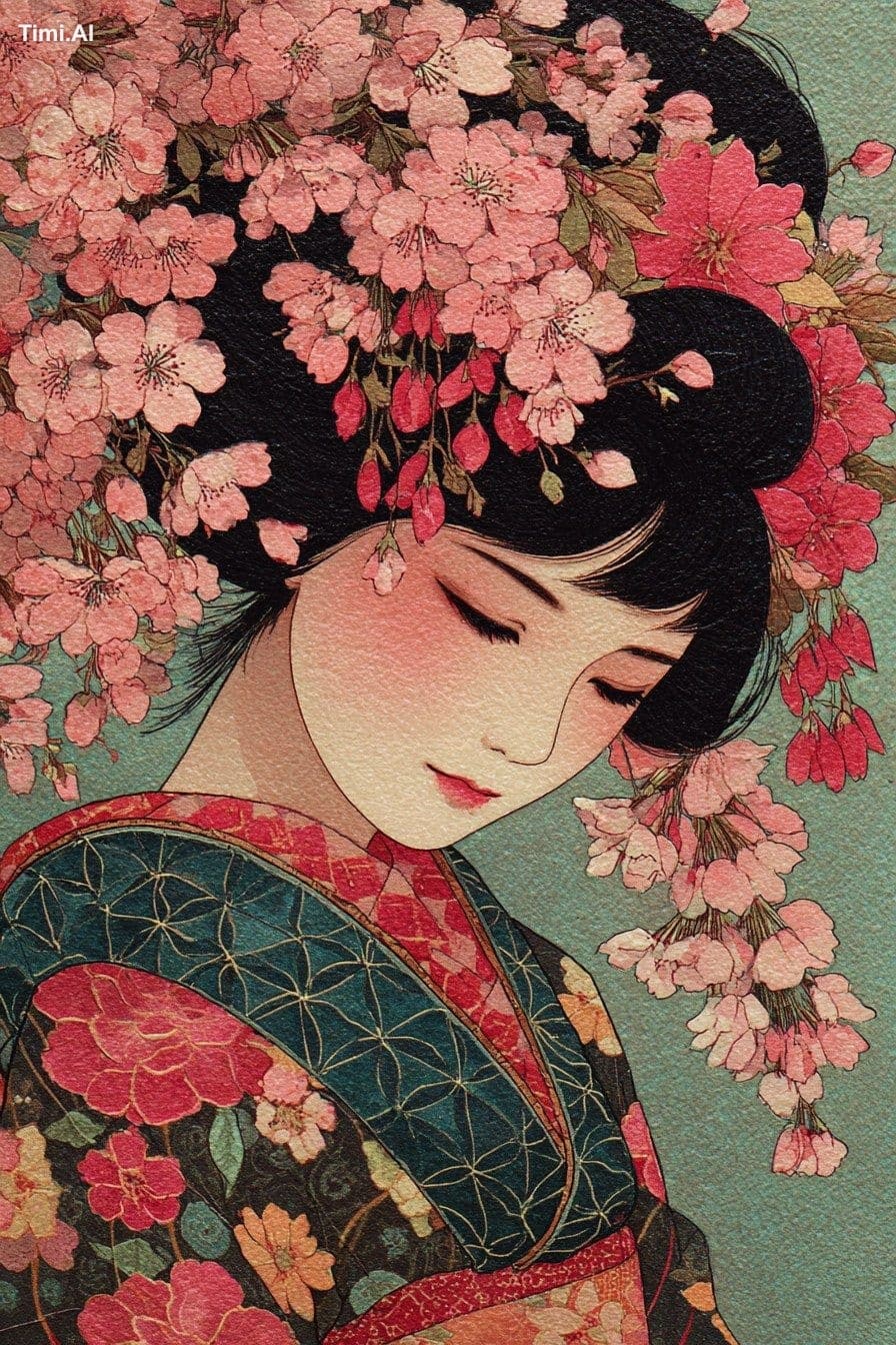 Ukiyo-e portrait of geisha under cherry blossoms, Katsushika