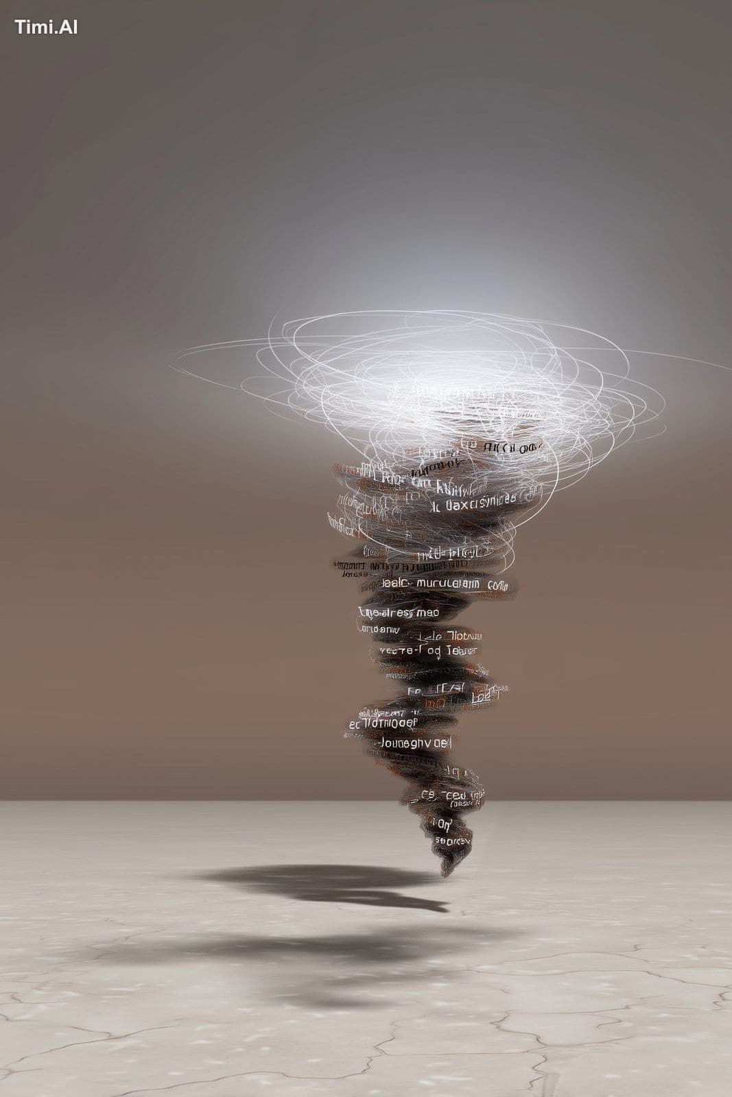 Over a salt flat, a hovering tornado pulls up lines of text 