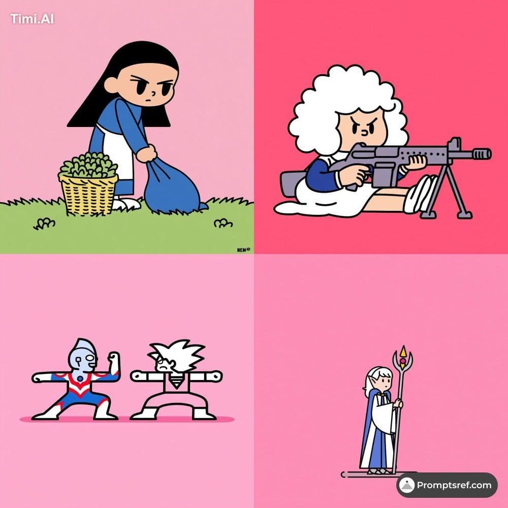 *   A simple character in bold black outlines, flat colors, 