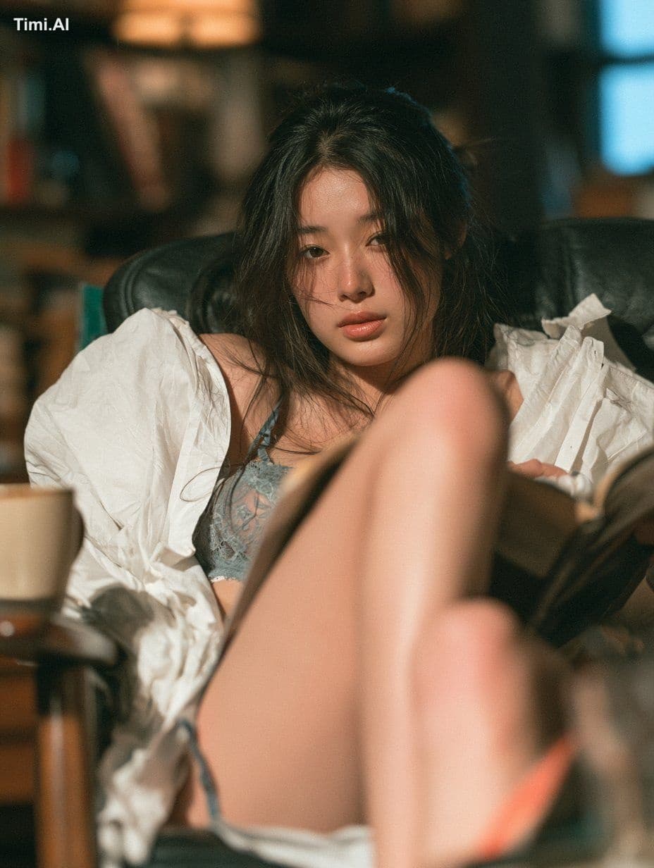 23-year-old East Asian woman, soft almond eyes, relaxed expr
