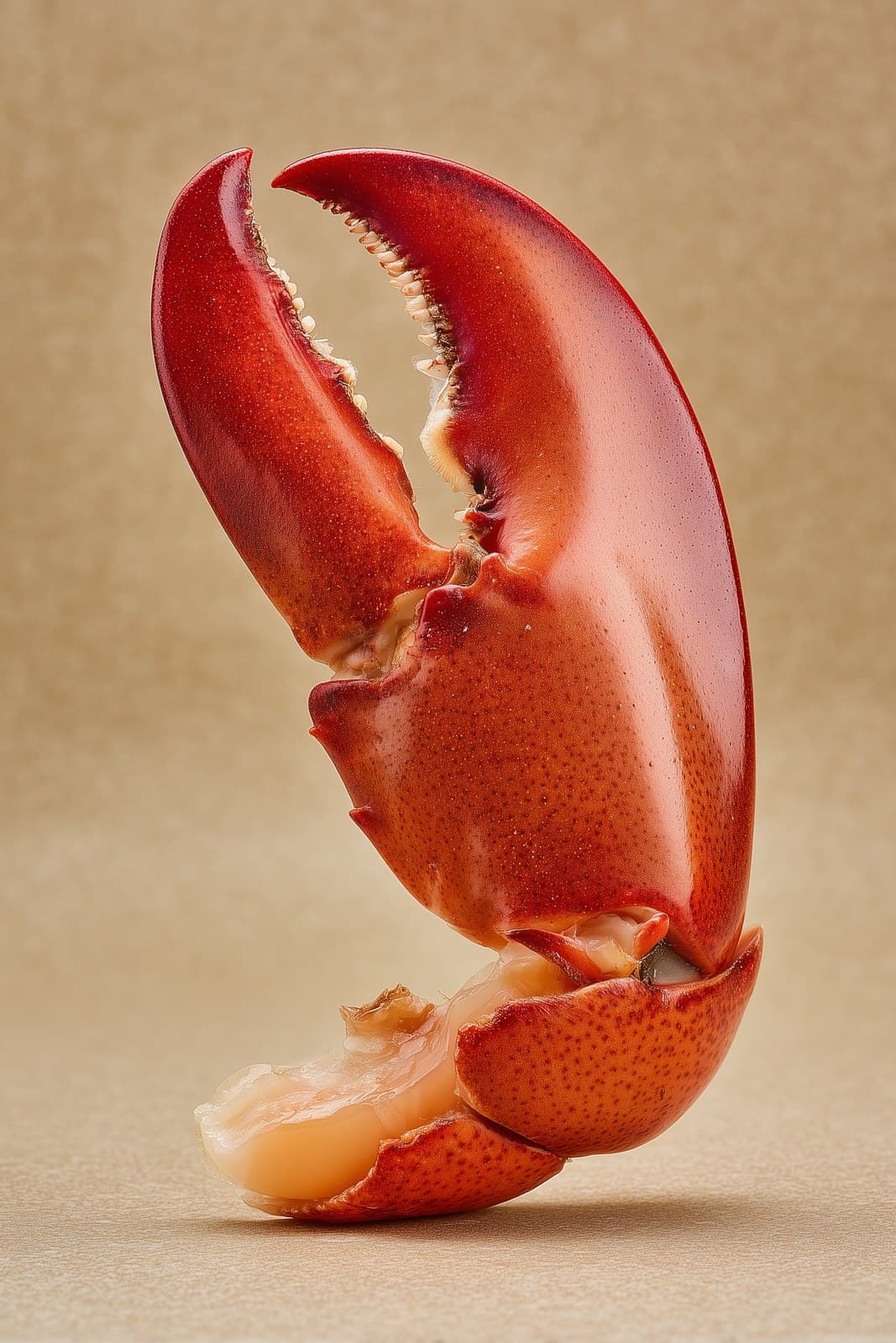 a professional food photograph of a lobster claw, side view.