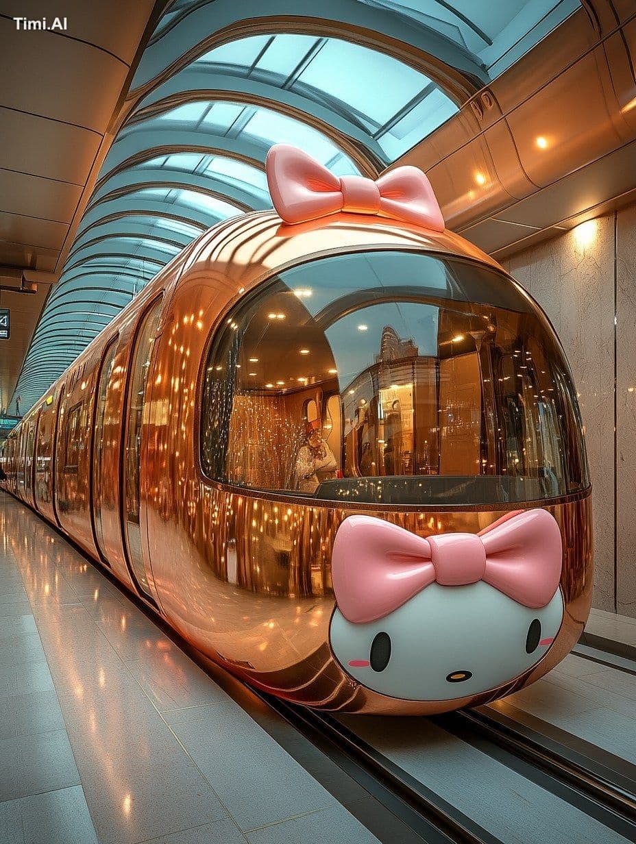 A Hello Kitty-themed subway train is parked at a modern subw