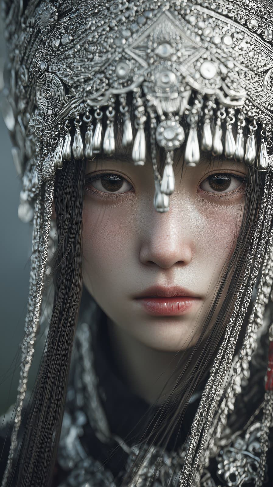 a modern Miao ethnic girl with big eyes and long hair, weari
