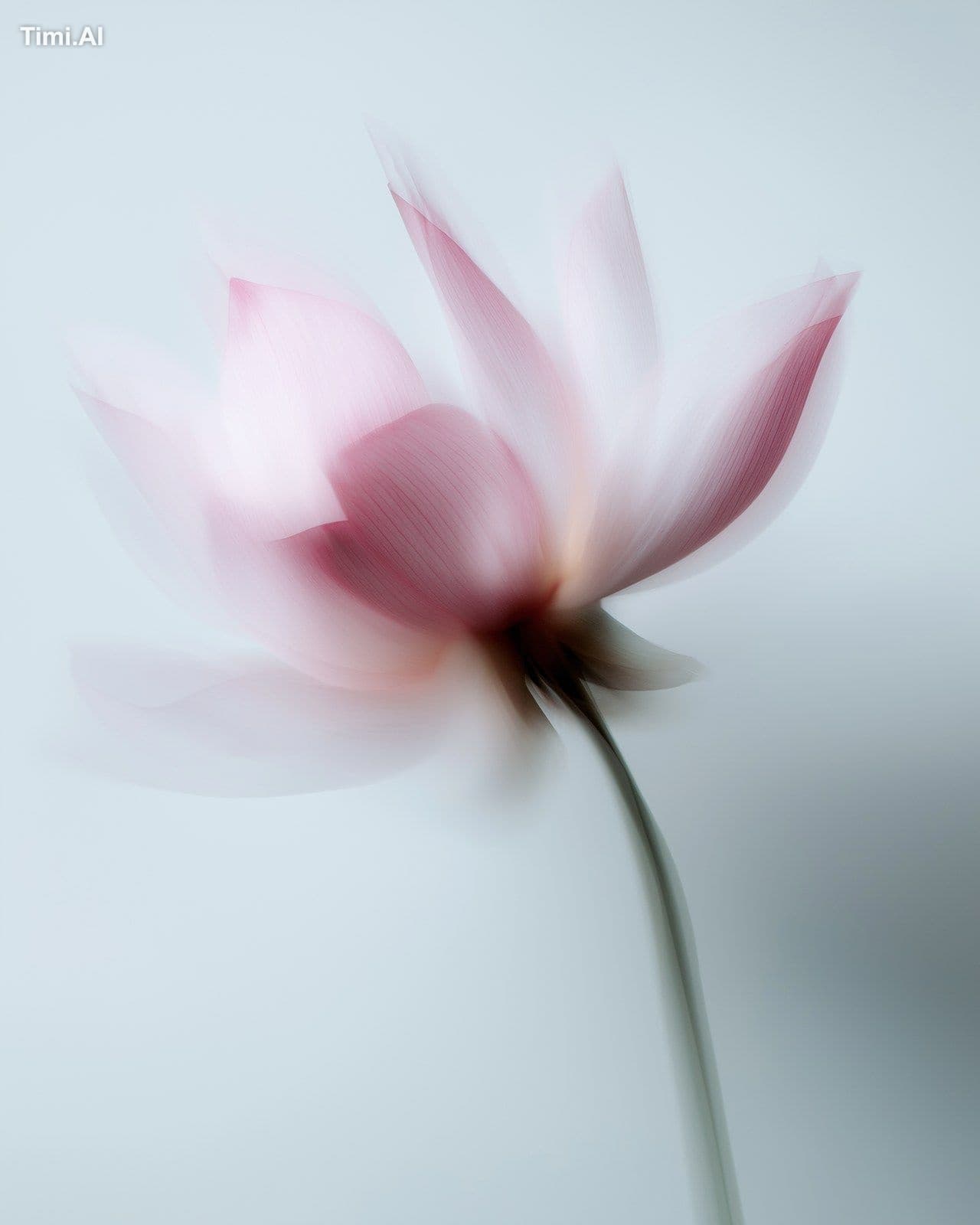 A pink lotus, captured in motion blur against an empty white