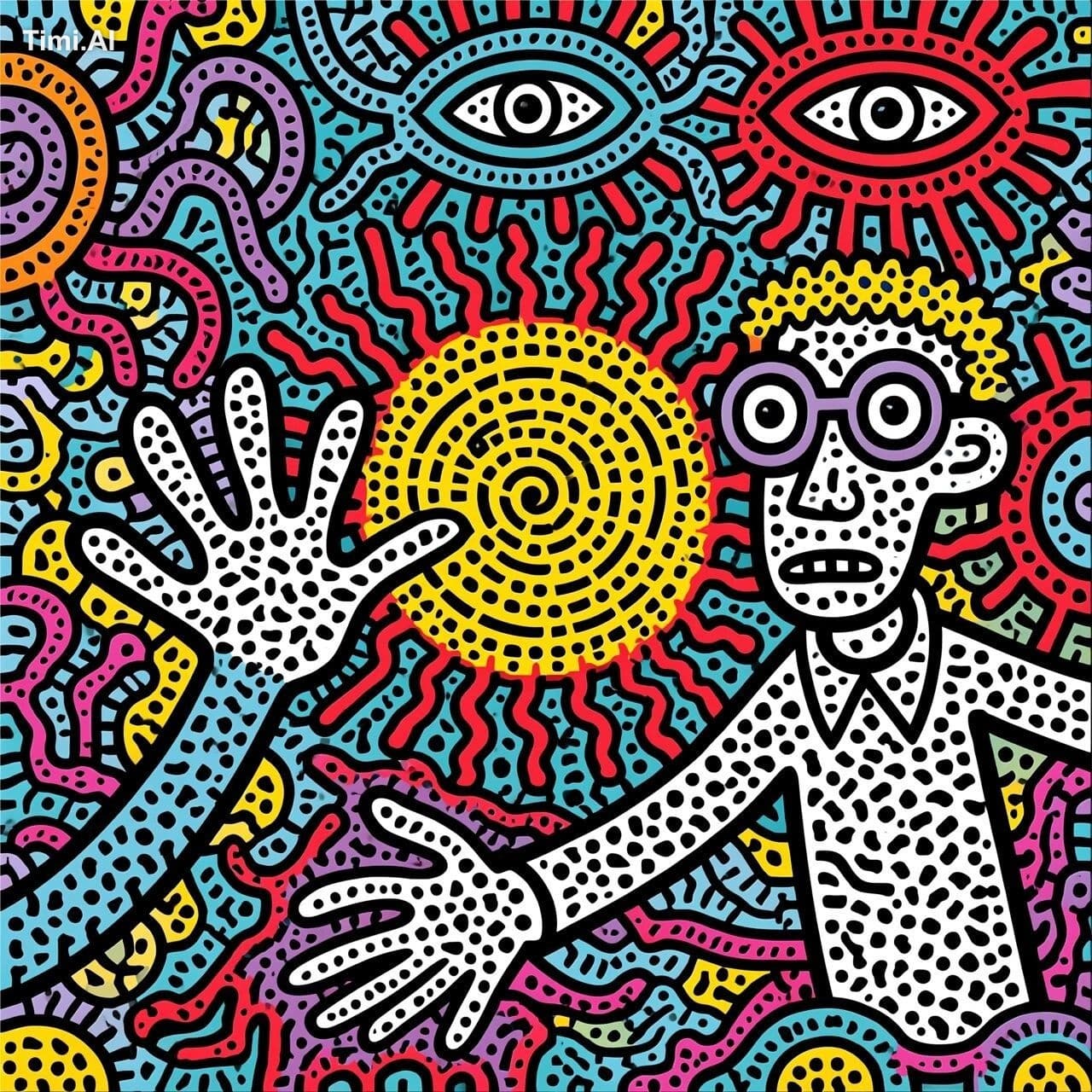 Schrijf een prompt voor MidJourney waarbij in Keith Haring-s