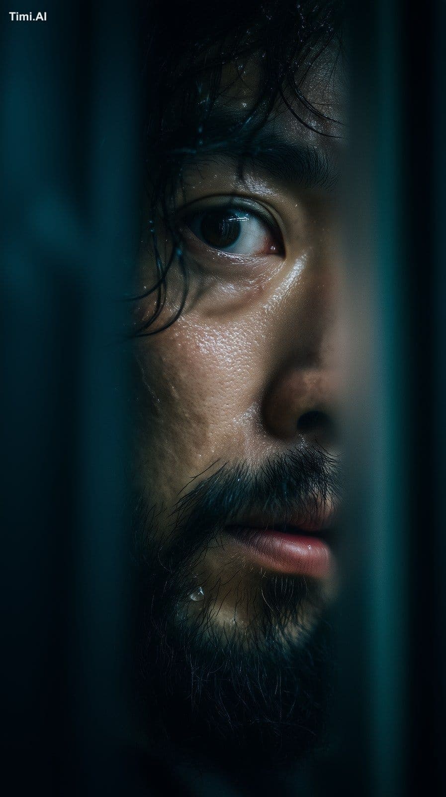 mid shot of a young bearded Hikkikomori dirty Japanese man p