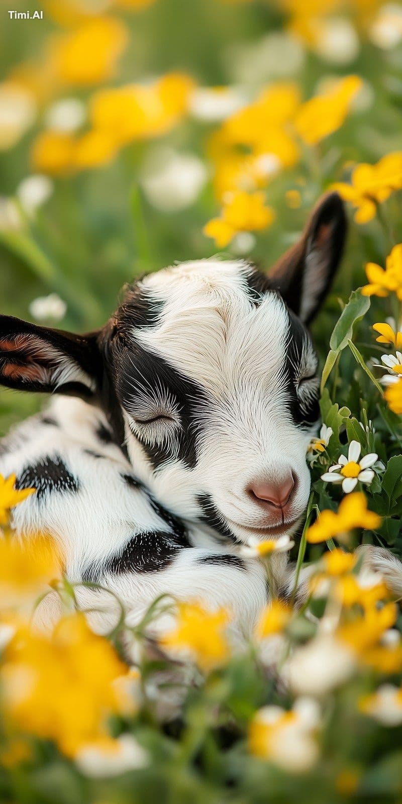 Cute black spotted baby goat, not horns, sleeping in a summe
