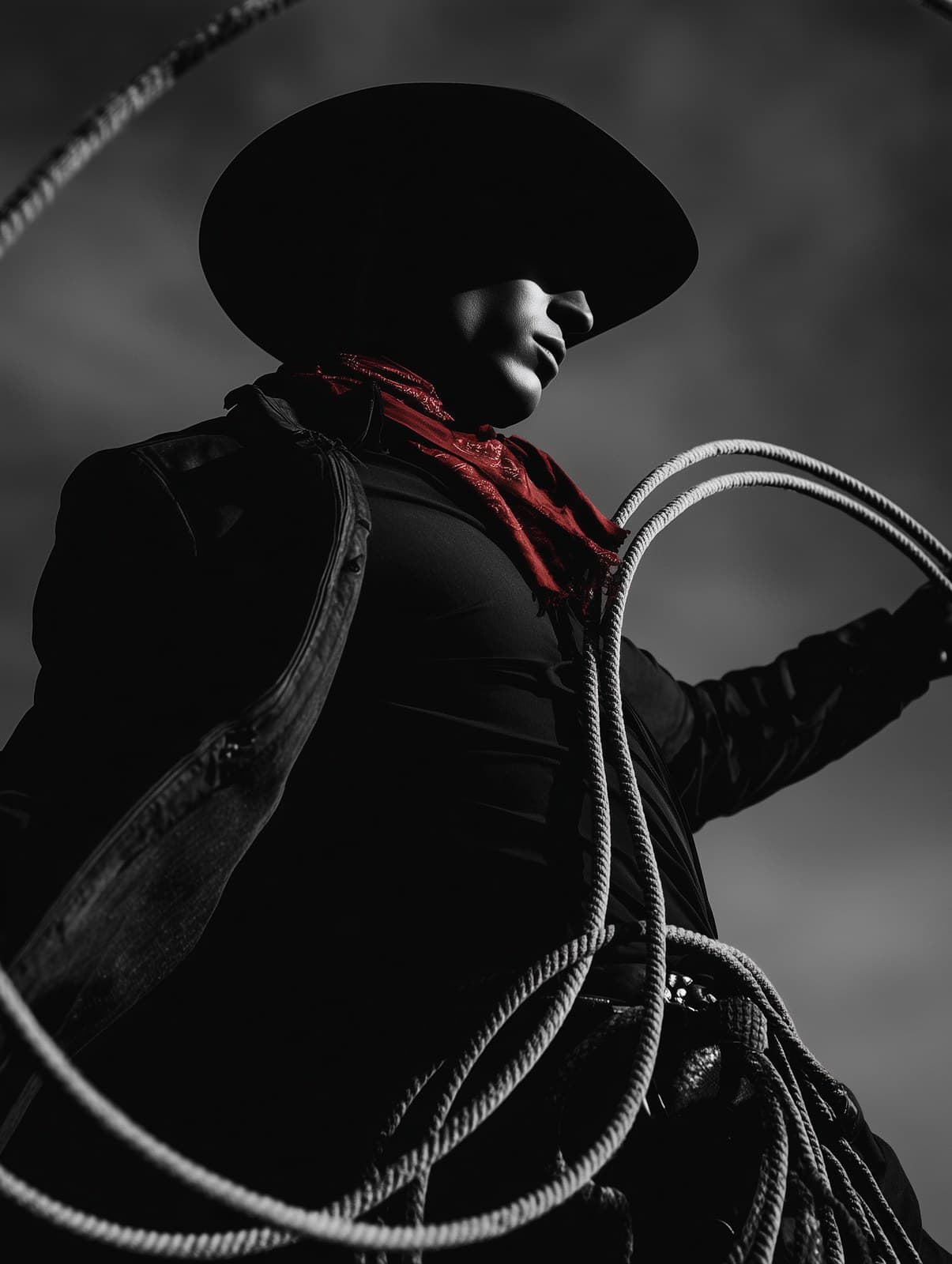 cowboy with red wild rag twirling a lasso, editorial photogr