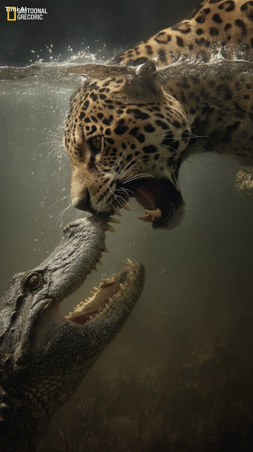 Jaguar fighting an alligator in the water, National Geograph