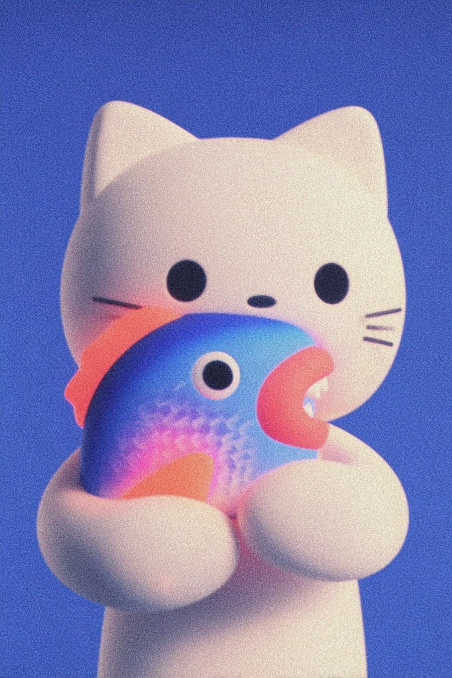 A white cat holds a glowing blue fish in its mouth. Animal h