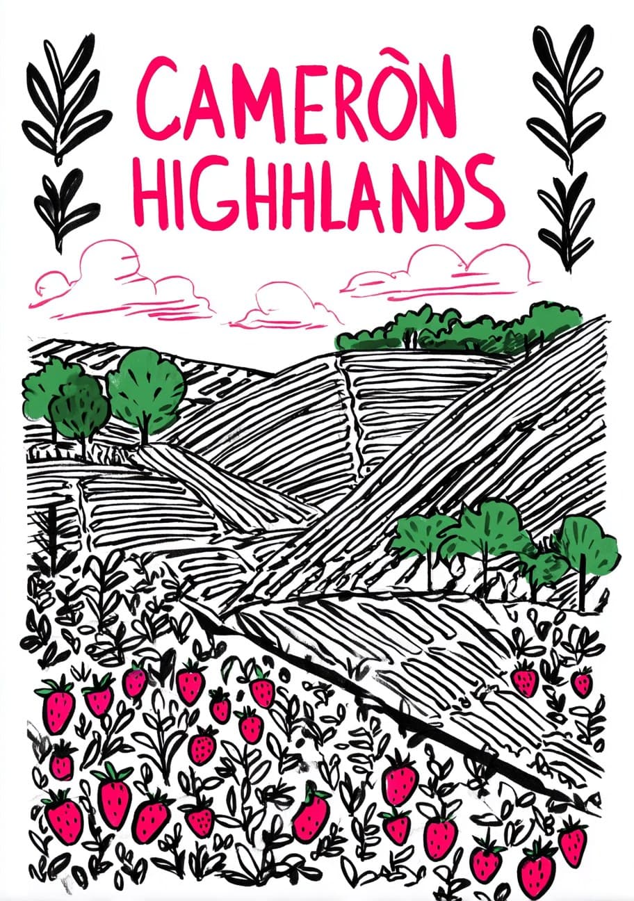 a hand-drawn travel poster of Cameron Highlands Malaysia, wi