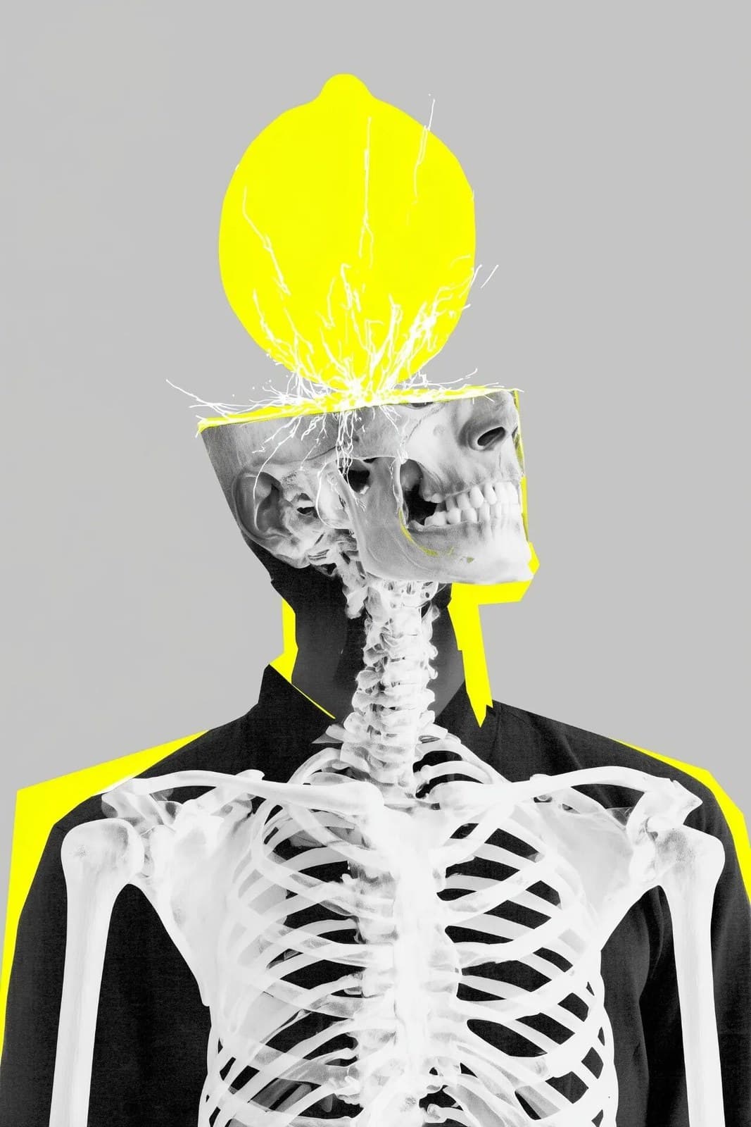 a yellow lemon on top of the head, the upper body is made up