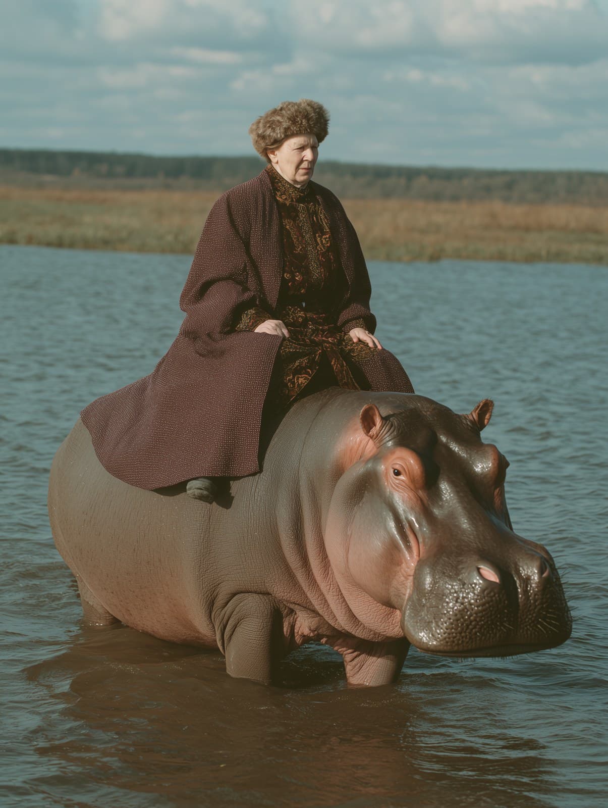 grand mother ride hippopotamus in Russia --ar 3:4 --profile 
