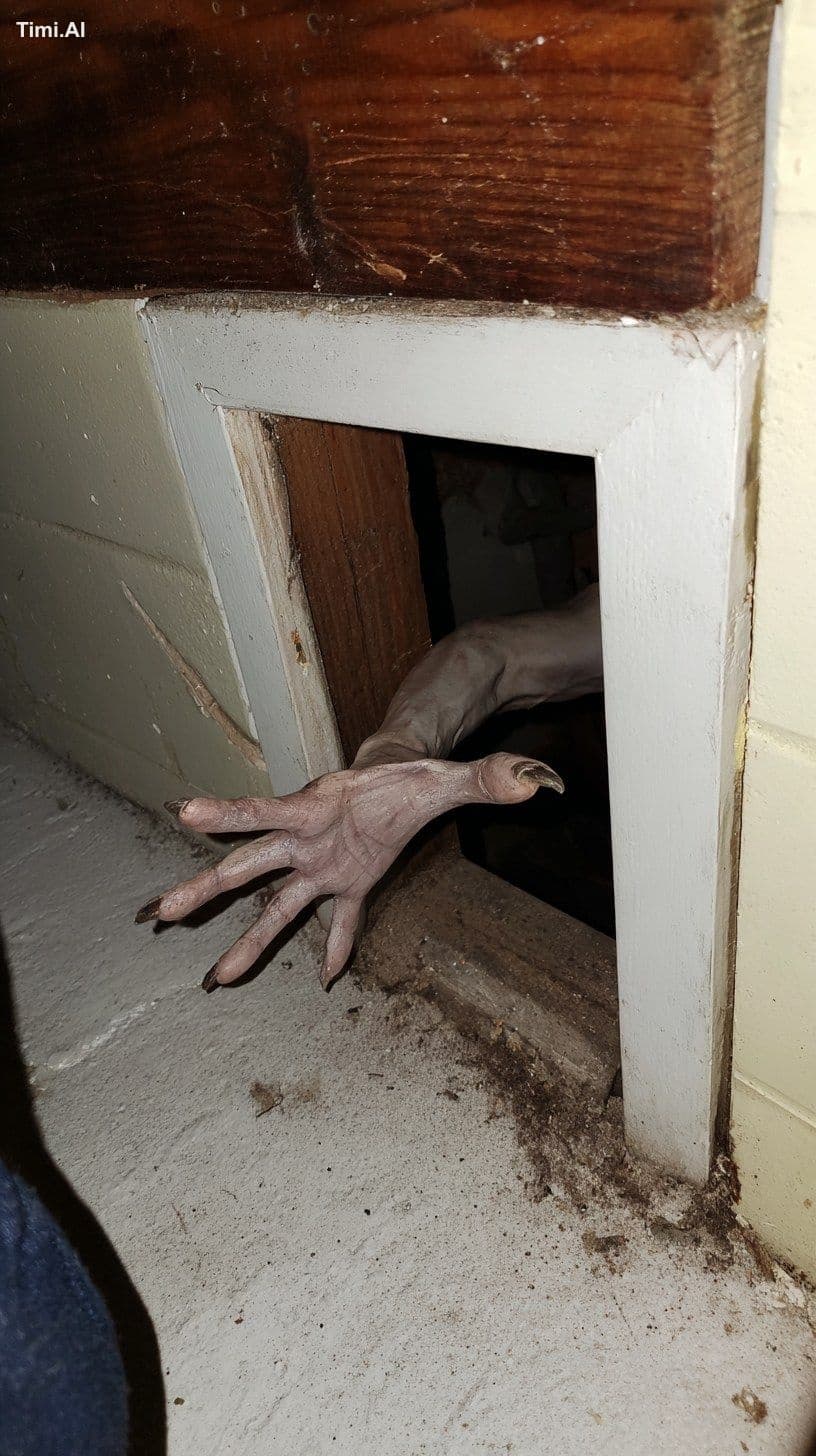 a photo of a grotesque arm reaching out of a crawl space sma