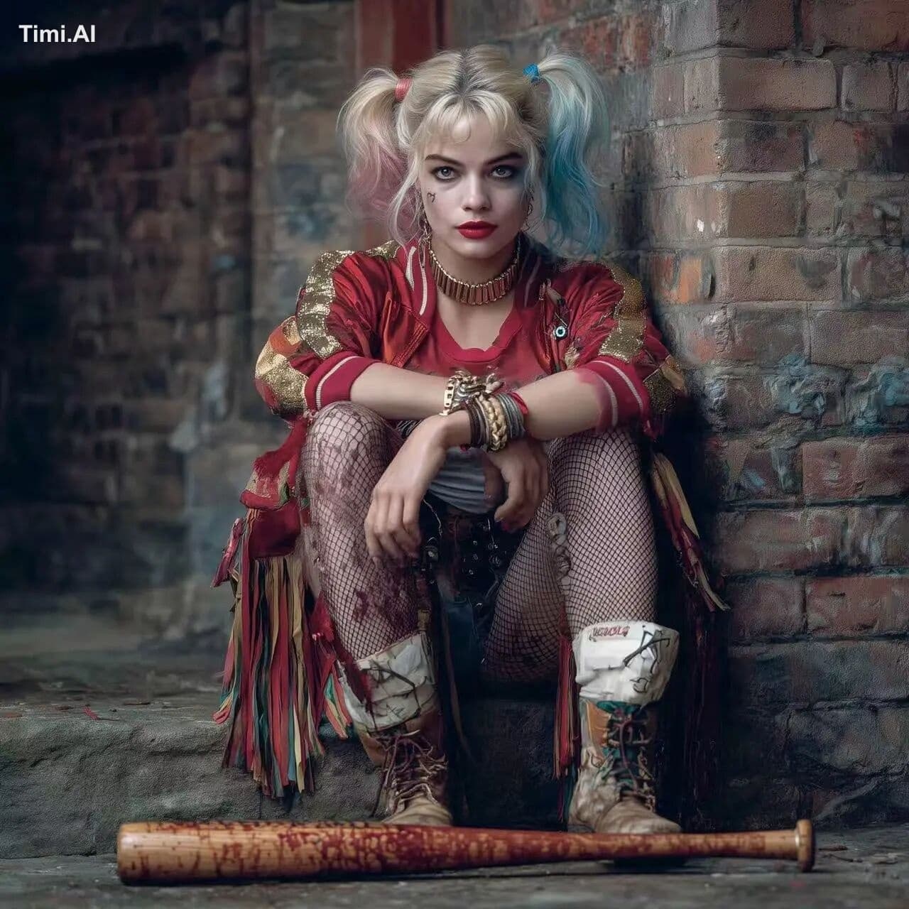 a photo of Harley Quinn. Margot Robbie version. She is leani