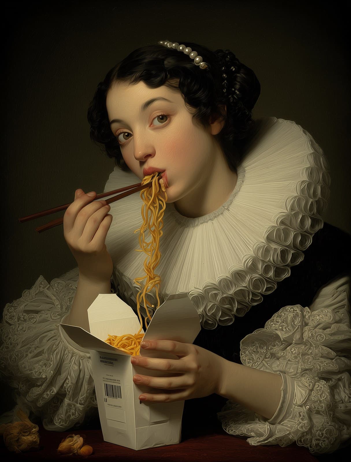 A woman with black hair and gray eyes wearing an elaborate w