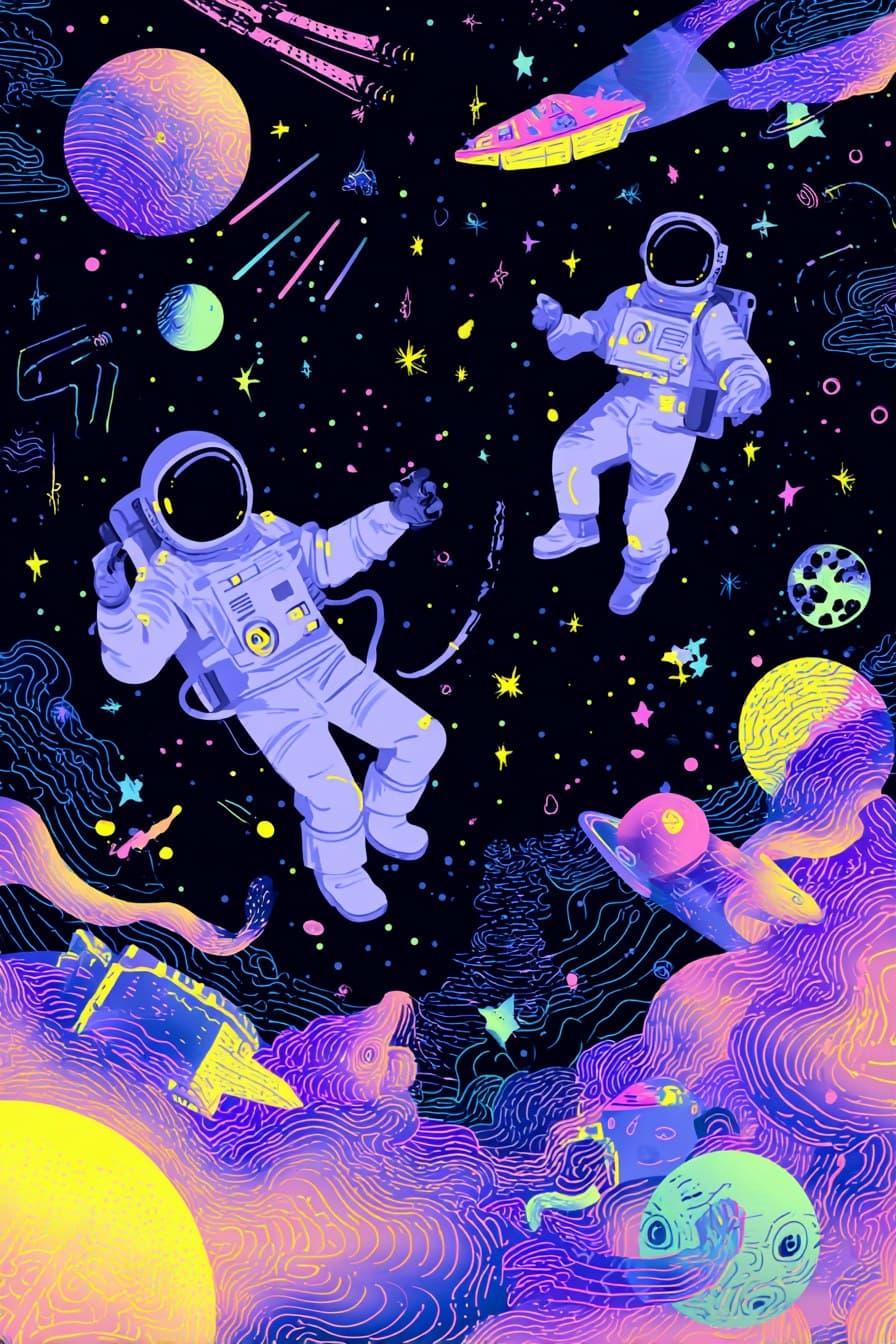 a colorful vector illustration of astronauts floating in spa
