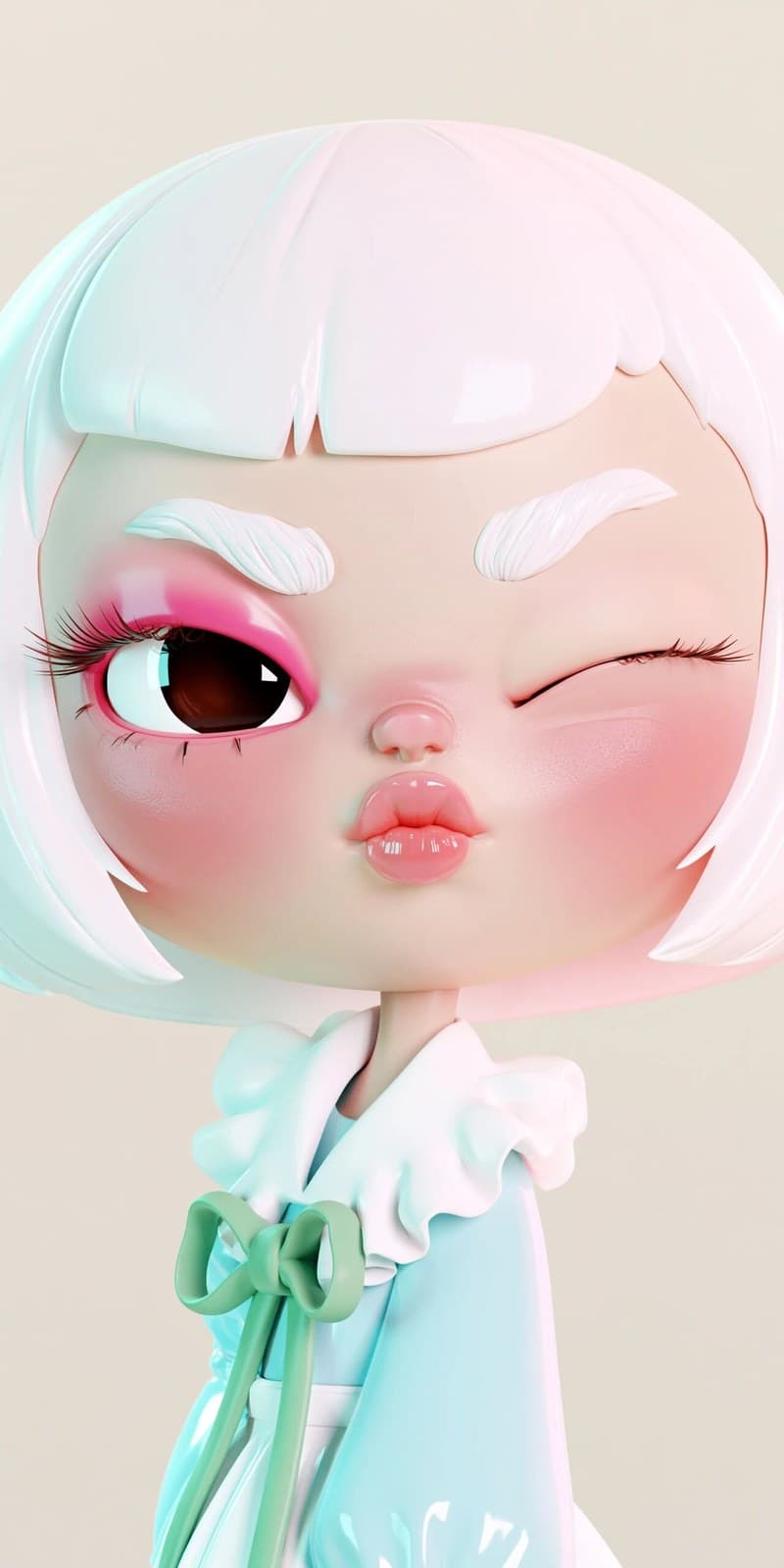 a stylized 3D chibi character with a large head and expressi