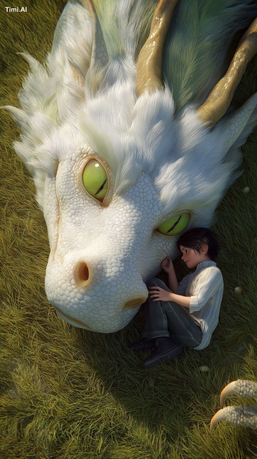 A large white juvenile Chinese dragon, with vertical yellow-