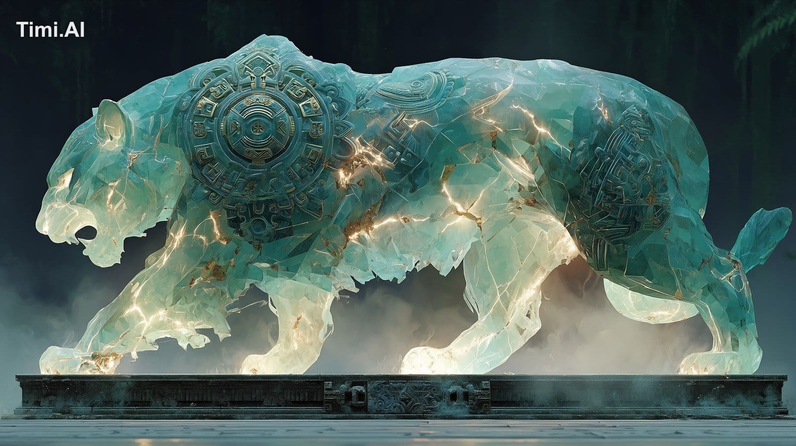 A majestic panther sculpted entirely from jade stone, with i