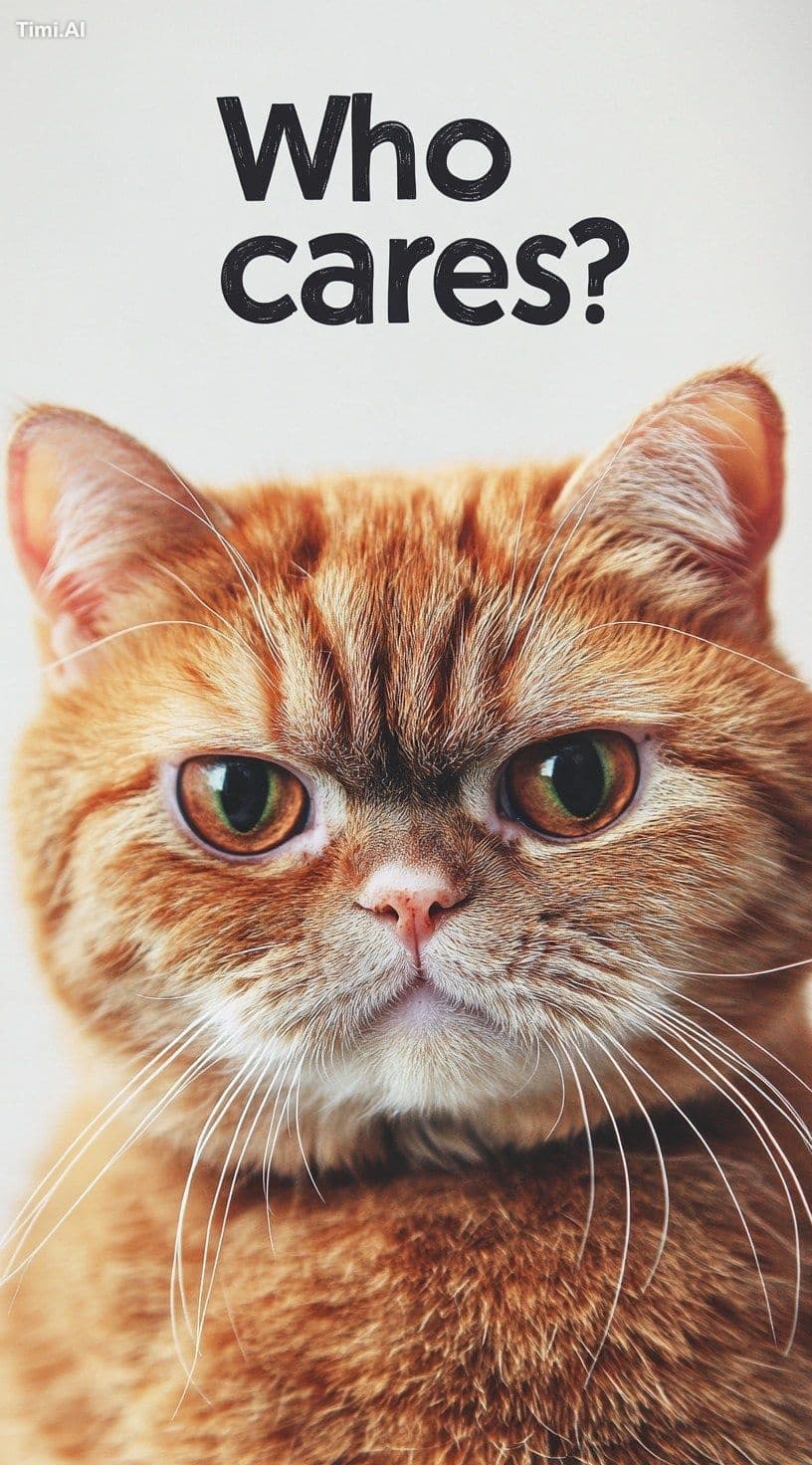 A photo of an orange cat with the text "Who cares?" written
