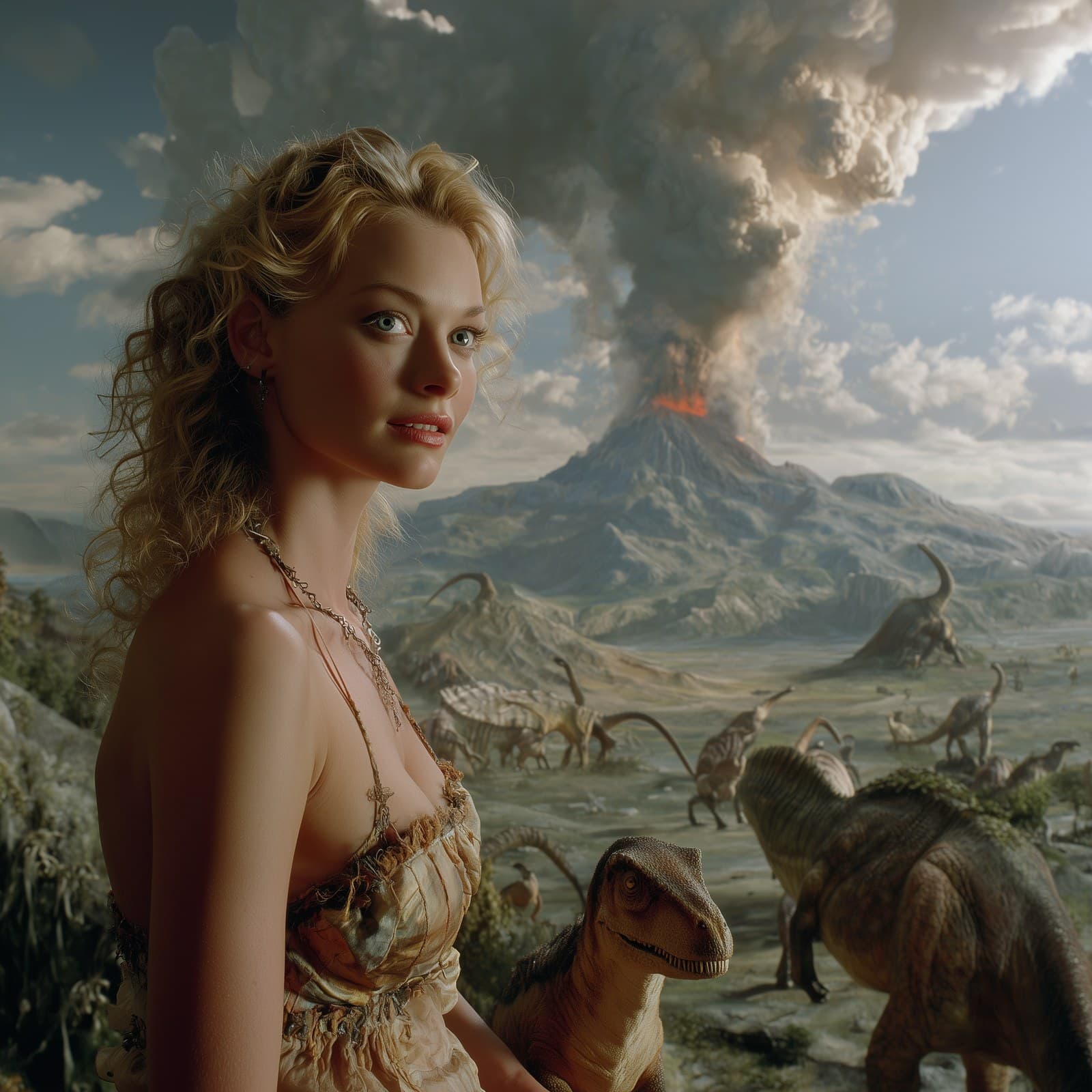 Actress Heather Graham as a cave-girl. Dinosaurs are in the
